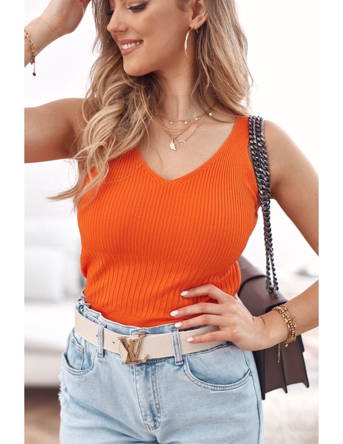 Fitted ribbed top with straps, orange MP32859 - Online store - Boutique